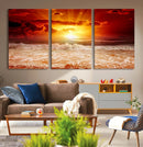 Red Sunset Ocean Beach Canvas Wall Art Beach Canvas, Coastal