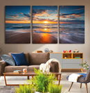 Sunset on the Ocean Beach with Waves, Reflections on Sand,
