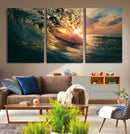 Ocean Wave Sunset Canvas Wall Art – Triptych Seascape Print