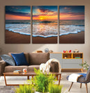 Sunset Beach Canvas Wall Art – Colorful Ocean Waves Triptych