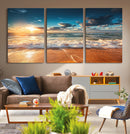 Golden Sunset Beach Triptych Canvas Art, Giclee Coastal Wall