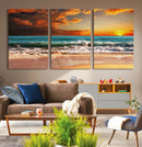 Golden Sunset Beach Canvas Wall Art – Triptych Seascape