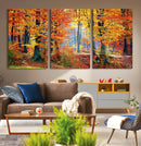 Autumn Red Forest Triptych Canvas Wall Art Print, Forest