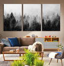 Foggy Black and White Forest Canvas Wall Art, 3 Panel Misty