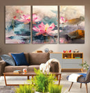 Lotus Flower Wall Art | 3-Panel Giclee Canvas Print of Pink