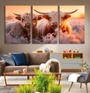 Highland Cows at Sunrise Wall Art Canvas Set – Serene and