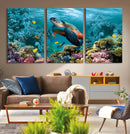 Sea Turtle and Coral Reef Triptych Wall Art – Vibrant