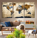 World Map Wall Art – Antique Style Blue and Brown Map Canvas