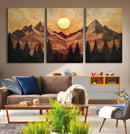 Wood Style Abstract Mountain Sunset Canvas Wall Art Print -