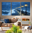 Stormy Ocean Pier Lights Canvas Wall Art Print - Large Moody