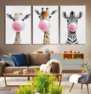 Bubblegum Animals Canvas Wall Art - Playful Giraffe and