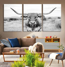 Highland Cow Wall Art Canvas Print – Black and White Western