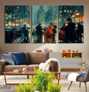 Urban Night Jazz Wall Art Canvas Print – Moody Rain-Soaked