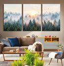 Misty Pine Forest Wall Art Canvas, Sunrise Over Foggy Trees
