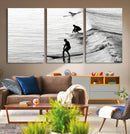 Surfers on Waves Wall Art Canvas Print – Framed Black and