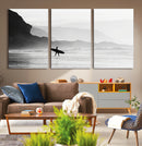 Surfer Beach Wall Art – Framed Black White Ocean Canvas