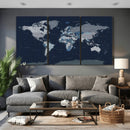 Blue Detailed World Map Wall Art Canvas Print, Modern Framed