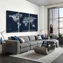 Blue Detailed World Map Wall Art Canvas Print, Modern Framed