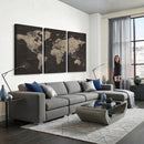 World Map Canvas Wall Art Dark Charcoal Antique Tan Detailed