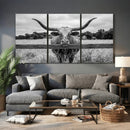 Black White Texas Longhorn Bull Canvas Wall Art, Western Ranch Cattle Photography Print, Rustic Farmhouse Cowboy Decor Artwork by MyGreatCanvas | Canvas Wall Art Prints | Photo Prints & Wall Decor