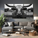 Black White Texas Longhorn Bull Canvas Wall Art, Western Ranch Cattle Photography Print, Rustic Farmhouse Cowboy Decor Artwork
