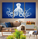 Large 3-Panel Blue Octopus Canvas Wall Art | Coastal Marine by MyGreatCanvas | Canvas Wall Art Prints | Photo Prints & Wall Decor
