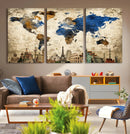 World Map Canvas Print – Vintage Blue and Gold World Map