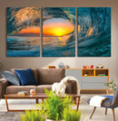 Ocean Wave Sunset Wall Art | Large Coastal Wave Canvas Print