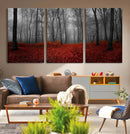 Red Forest Floor Canvas Wall Art – Mystical Foggy Woodland
