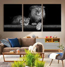 Large Black and White Lion Couple Wall Art Canvas Print –