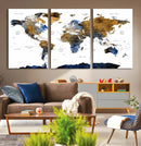 Modern Abstract World Map Canvas Wall Art – Framed Blue and