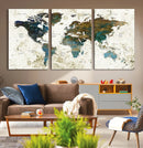 Vintage World Map Wall Art Canvas Print, Framed Rustic Earth