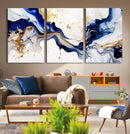 Golden Cascades on Midnight Blue – Deep Blue Abstract Wall