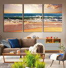 Sunset Beach Wall Art - 3-Panel Framed Canvas Print, Ready
