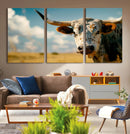 Longhorn in the Prairie - Stunning Ranch-Style Triptych Wall