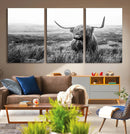 Scottish Highland Cow Wall Art | Black and White Canvas