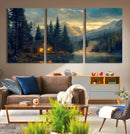 Mountain Cabin by the Lake at Sunset Wall Art - Serene