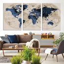 Vintage Blue World Map Canvas Wall Art – Antique Style
