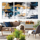 Blue and Gold Abstract Canvas Wall Art – Triptych Modern