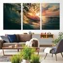 Ocean Wave Sunset Canvas Wall Art – Triptych Seascape Print