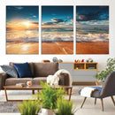 Golden Sunset Beach Triptych Canvas Art, Giclee Coastal Wall