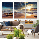 Golden Hour Beach Sunset Canvas Triptych, Ocean Waves and