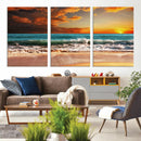 Golden Sunset Beach Canvas Wall Art – Triptych Seascape