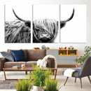 Black White Scottish Highland Cow Cattle Art Print Farmhouse