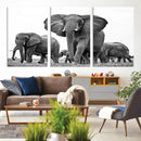 Black White Elephant Family Wall Art Canvas Print