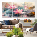 Lotus Flower Wall Art | 3-Panel Giclee Canvas Print of Pink