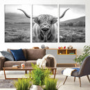 Black White Scottish Highland Cow Canvas Farm Wall Art