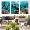 Sea Turtle and Coral Reef Triptych Wall Art – Vibrant