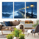 Stormy Ocean Pier Lights Canvas Wall Art Print - Large Moody