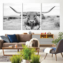 Highland Cow Wall Art Canvas Print – Black and White Western